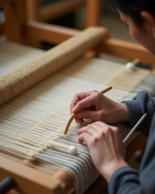 伝統的な織機で布を織る職人の手