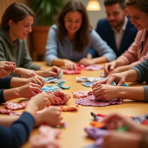 ふろしきの結び方を学ぶ参加者たち